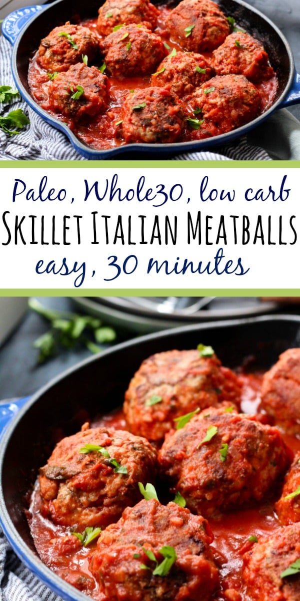 These Whole30 skillet meatballs are cooked up in one pan on the stovetop with the marinara, no oven needed! It's a quick and easy weeknight dinner or meal prep recipe that covers all your dietary bases, Whole30, Paleo, low carb, dairy-free, you name it. Just some good, flavorful Italian style meatballs. #whole30meatballs #whole30onepan #paleomeatballs