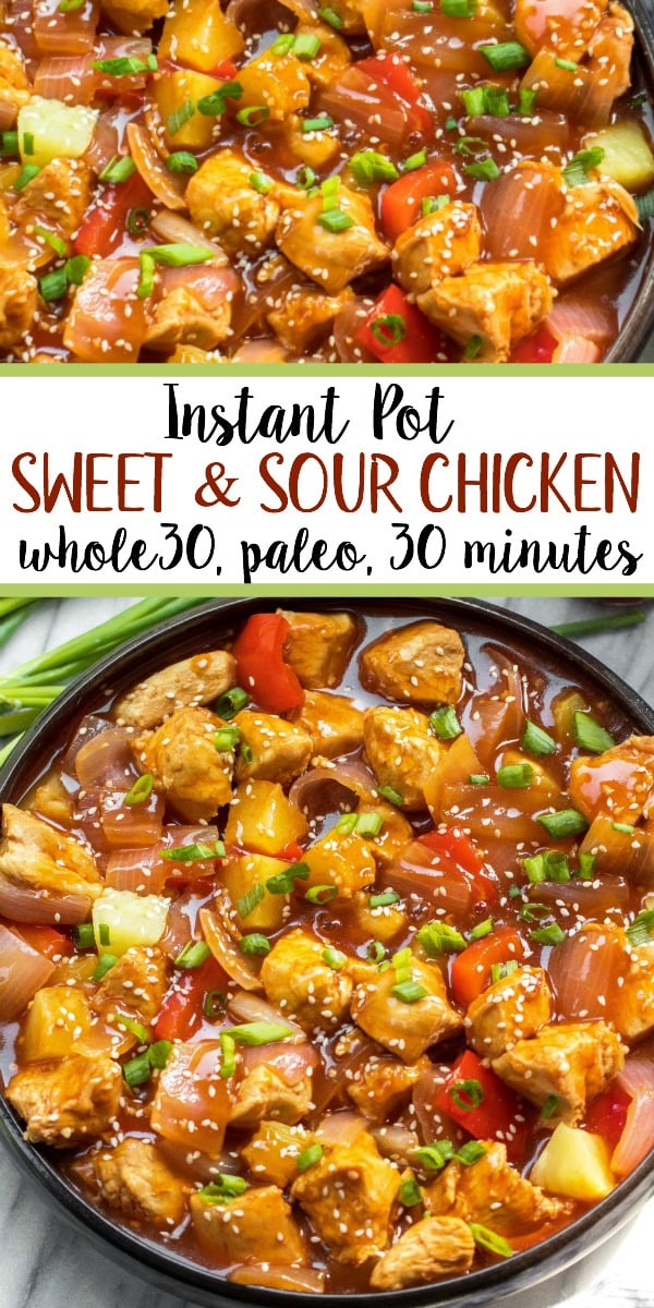 Whole30 instant pot sweet and sour chicken is so easy and so quick to make. It's completely Paleo, sugar free, gluten free, and made in less 30 minutes. The simplicity of this recipe makes it perfect for a weeknight meal that's family friendly, or for Whole30 meal prep. #whole30instantpot #instantpotsweetandsour #sweetandsourchicken #whole30chicken #paleoinstantpot