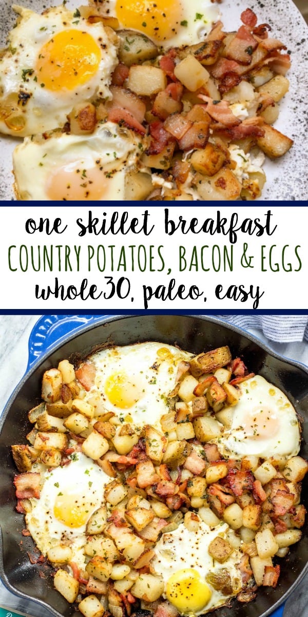This is one of the easiest and tastiest Whole30 breakfast skillets. These country potatoes, bacon and eggs make a pretty complete and healthy breakfast in only one pan, making clean up a breeze! This paleo breakfast is a classic, and it's always a hearty, filling go-to everyone will love! #whole30breakfast #whole30breakfastskillet #whole30breakfastrecipes #whole30bacon This is one of the easiest and tastiest Whole30 breakfast skillets. These country potatoes, bacon and eggs make a pretty complete and healthy breakfast in only one pan, making clean up a breeze! This paleo breakfast is a classic, and it's always a hearty, filling go-to everyone will love! #whole30breakfast #whole30breakfastskillet #whole30breakfastrecipes #whole30bacon