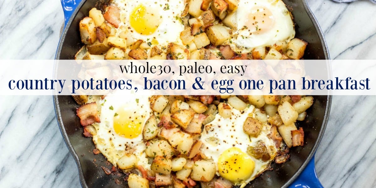 This is one of the easiest and tastiest Whole30 breakfast skillets. These country potatoes, bacon and eggs make a pretty complete and healthy breakfast in only one pan, making clean up a breeze! This paleo breakfast is a classic, and it's always a hearty, filling go-to everyone will love! #whole30breakfast #whole30breakfastskillet #whole30breakfastrecipes #whole30bacon This is one of the easiest and tastiest Whole30 breakfast skillets. These country potatoes, bacon and eggs make a pretty complete and healthy breakfast in only one pan, making clean up a breeze! This paleo breakfast is a classic, and it's always a hearty, filling go-to everyone will love! #whole30breakfast #whole30breakfastskillet #whole30breakfastrecipes #whole30bacon
