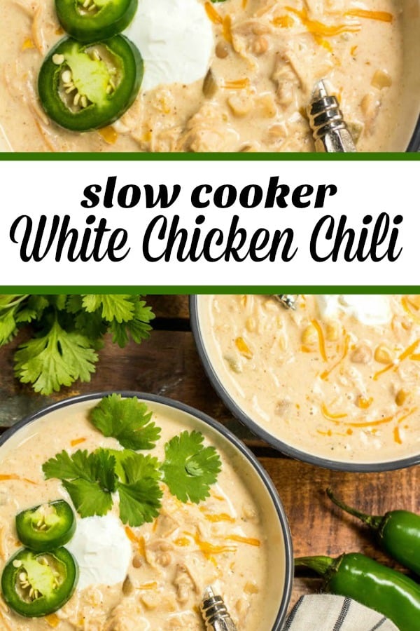 This slow cooker white chicken chili is a family recipe I grew up with, and it's every bit as hearty and delicious as it is easy to make. It's made with a few simple ingredients like white corn, shredded chicken, cream cheese, northern beans and the perfect spice combination. With only a couple of minutes of prep work, this hands off dinner is a great recipe for a chilly fall or winter night. #slowcookerchili #whitechickenchili #slowcookerwhitechickenchili