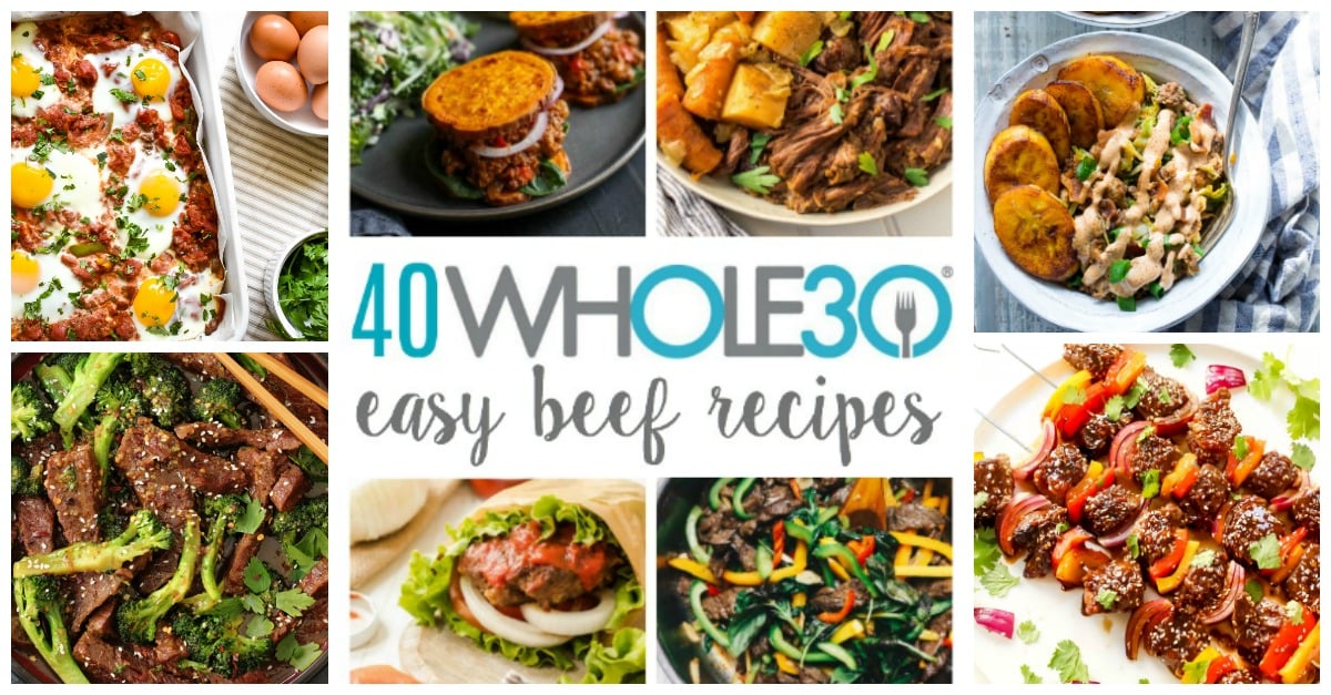 These Whole30 beef recipes are easy, family friendly and perfect for quick weeknight meal ideas or to make for meal prep. Chicken can get boring really quickly, and it's an easy go-to here in my house, so we like to change things up. These Whole30 and Paleo beef recipes include ground beef, steak, roasts and more. There's even some breakfast options! #whole30beefrecipes #whole30beef #paleobeefrecipes