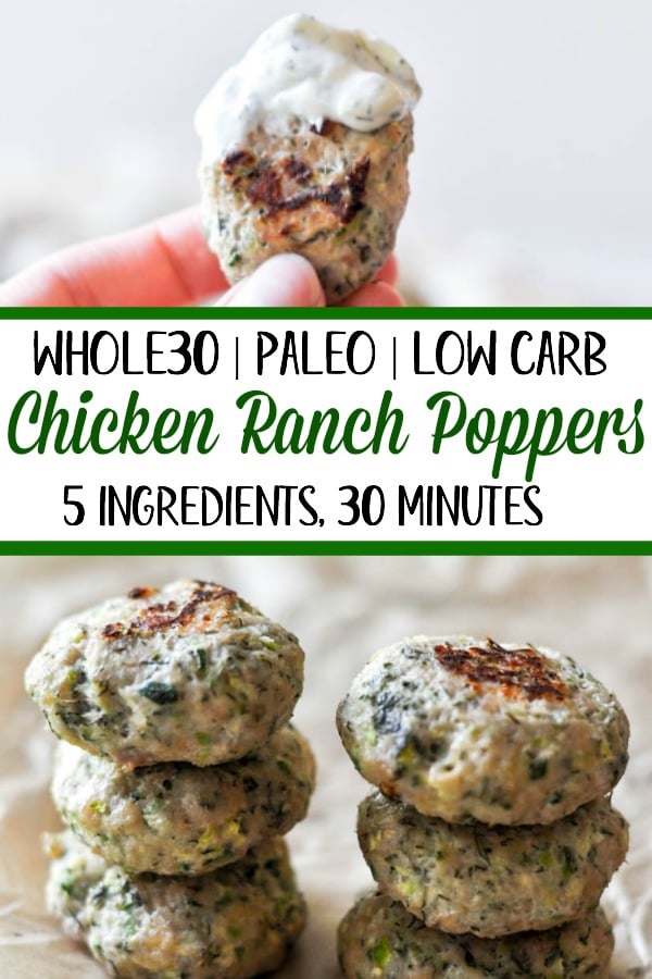 Whole30 Chicken Ranch Poppers are the perfect bite sized, full of flavor, made for dipping Popper. This is the perfect Whole30, Paleo or low-carb family friendly weeknight meal, or great for a quick meal prep recipe! With only a few simple ingredients and 30 minutes, a healthy "chicken nugget" alternative is on the table! #whole30chicken #whole30chickenpoppers #whole30chickennugget