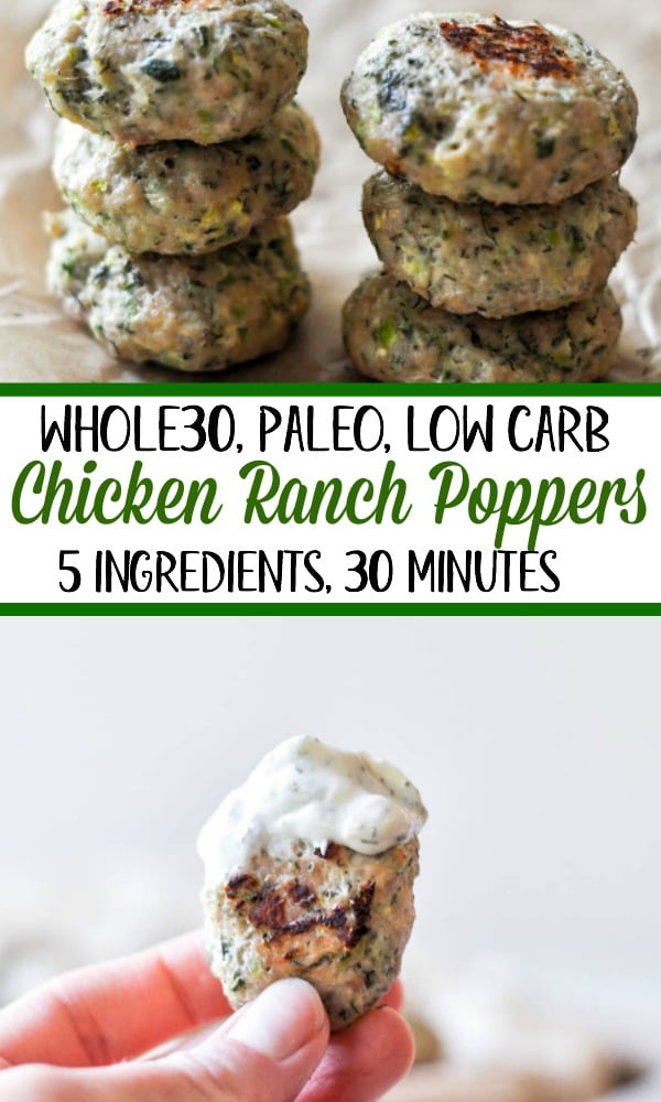 Whole30 Chicken Ranch Poppers are the perfect bite sized, full of flavor, made for dipping Popper. This is the perfect Whole30, Paleo or low-carb family friendly weeknight meal, or great for a quick meal prep recipe! With only a few simple ingredients and 30 minutes, a healthy "chicken nugget" alternative is on the table! #whole30chicken #whole30chickenpoppers #whole30chickennugget