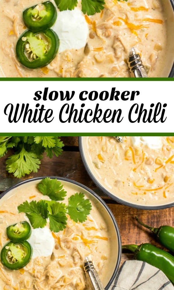 This slow cooker white chicken chili is a family recipe I grew up with, and it's every bit as hearty and delicious as it is easy to make. It's made with a few simple ingredients like white corn, shredded chicken, cream cheese, northern beans and the perfect spice combination. With only a couple of minutes of prep work, this hands off dinner is a great recipe for a chilly fall or winter night. #slowcookerchili #whitechickenchili #slowcookerwhitechickenchili