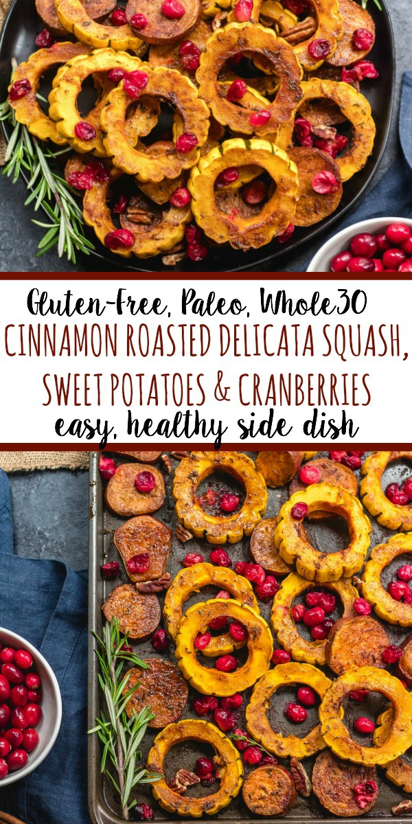 This roasted delicata squash, sweet potato and cranberry recipe is an easy, healthy side dish that has all of the best seasonal fall flavors. Made with real ingredients, it's a simple gluten-free, paleo and Whole30 Thanksgiving or holiday vegetable dish that makes a beautiful statement on the table. #whole30sidedish #delicatasquash #whole30vegetables #whole30holidayrecipes #holidayvegetables