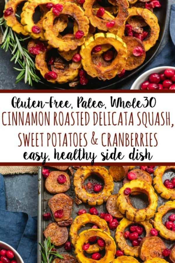 This roasted delicata squash, sweet potato and cranberry recipe is an easy, healthy side dish that has all of the best seasonal fall flavors. Made with real ingredients, it's a simple gluten-free, paleo and Whole30 Thanksgiving or holiday vegetable dish that makes a beautiful statement on the table. #whole30sidedish #delicatasquash #whole30vegetables #whole30holidayrecipes #holidayvegetables This roasted delicata squash, sweet potato and cranberry recipe is an easy, healthy side dish that has all of the best seasonal fall flavors. Made with real ingredients, it's a simple gluten-free, paleo and Whole30 Thanksgiving or holiday vegetable dish that makes a beautiful statement on the table. #whole30sidedish #delicatasquash #whole30vegetables #whole30holidayrecipes #holidayvegetables
