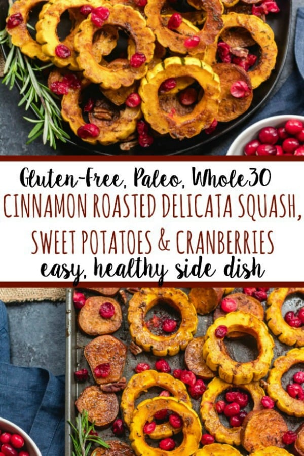 This roasted delicata squash, sweet potato and cranberry recipe is an easy, healthy side dish that has all of the best seasonal fall flavors. Made with real ingredients, it's a simple gluten-free, paleo and Whole30 Thanksgiving or holiday vegetable dish that makes a beautiful statement on the table. #whole30sidedish #delicatasquash #whole30vegetables #whole30holidayrecipes #holidayvegetables