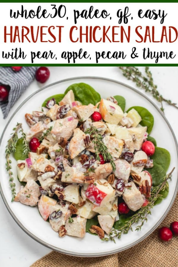 This harvest chicken salad is loaded with the best seasonal flavors like apples, pears, cranberries, pecans and thyme. It's a Whole30, Paleo, gluten and dairy-free version of a traditional mayo chicken salad that's been revamped to hold a spot on the holiday table or to be a new favorite meal prep recipe all fall and winter long. #whole30chicken #whole30chickensalad #paleochickensalad #wintersalad #harvestchickensalad