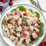 This harvest chicken salad is loaded with the best seasonal flavors like apples, pears, cranberries, pecans and thyme. It's a Whole30, Paleo, gluten and dairy-free version of a traditional mayo chicken salad that's been revamped to hold a spot on the holiday table or to be a new favorite meal prep recipe all fall and winter long. #whole30chicken #whole30chickensalad #paleochickensalad #wintersalad #harvestchickensalad