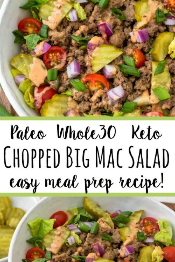 This chopped big mac salad is such an easy, delicious and quick lunch or dinner to whip up on a weekday or to prepare for meal prep. It's full of flavor but still a low carb or keto, Whole30 and Paleo salad recipe. Plus the only thing you have to really even cook is the beef! Just a little chopping and you've got your healthy salad ready to go. #whole30recipes #paleorecipes #bigmacsalad #ketorecipes