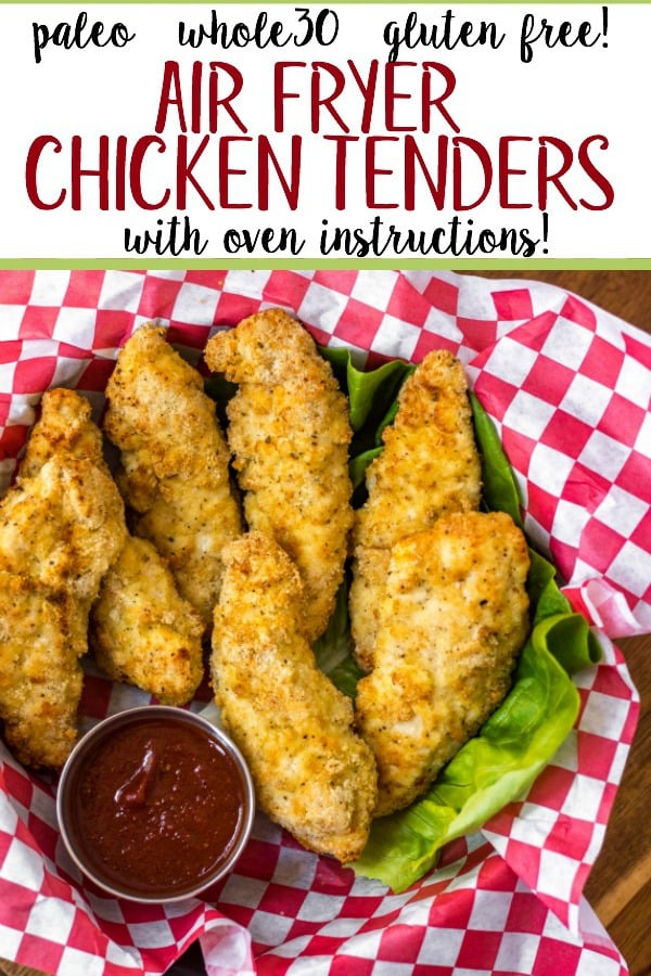 These Whole30 and Paleo air fryer chicken tenders are perfectly crispy on the outside and juicy in the middle. They're a healthy, gluten-free version of the classic chicken strips you can get at any restaurant. They're flavorful, only take a few simple ingredients and 12 minutes to cook! They're something the whole family will love and you'll feel great after eating! #whole30airfryer #whole30chicken #paleoairfryer #paleochicken #whole30recipes