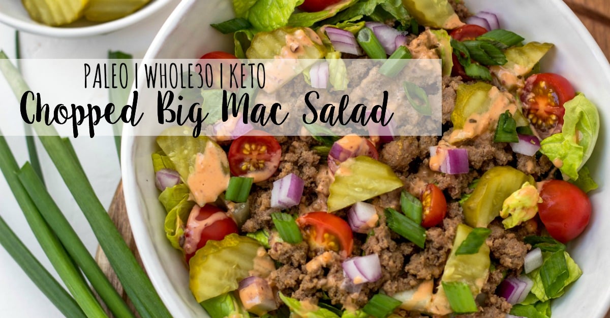 This chopped big mac salad is such an easy, delicious and quick lunch or dinner to whip up on a weekday or to prepare for meal prep. It's full of flavor but still a low carb or keto, Whole30 and Paleo salad recipe. Plus the only thing you have to really even cook is the beef! Just a little chopping and you've got your healthy salad ready to go. #whole30recipes #paleorecipes #bigmacsalad #ketorecipes