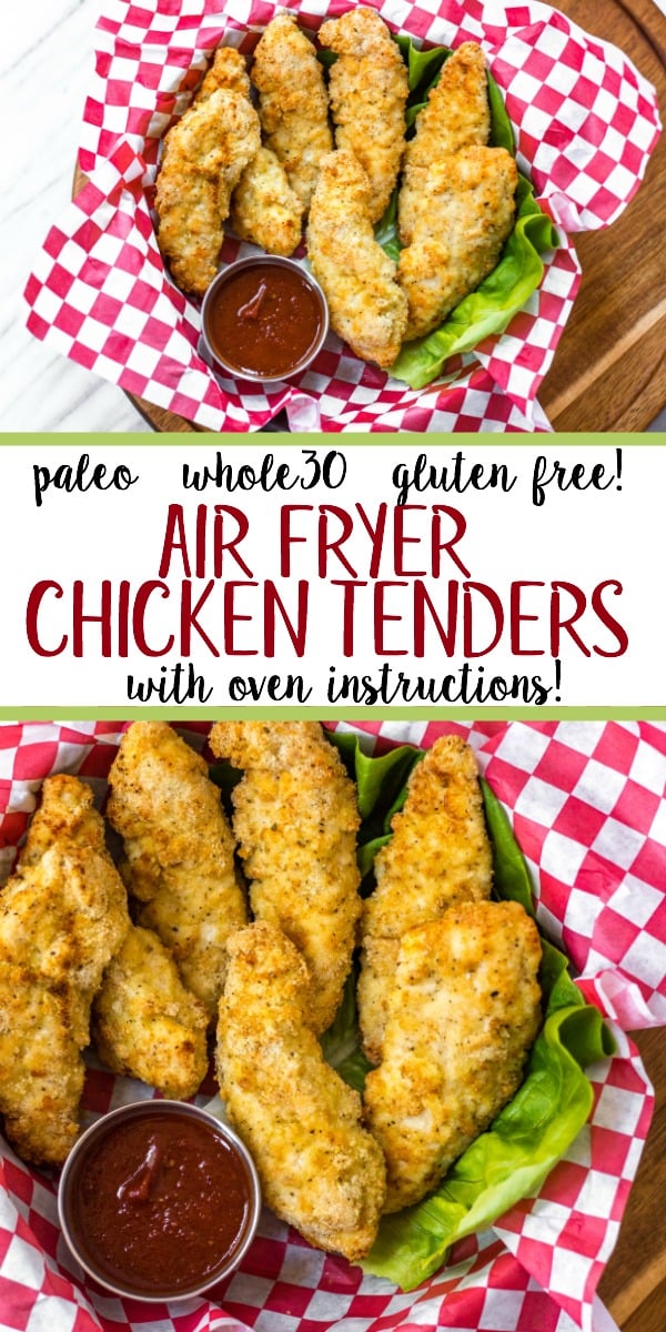 These Whole30 and Paleo air fryer chicken tenders are perfectly crispy on the outside and juicy in the middle. They're a healthy, gluten-free version of the classic chicken strips you can get at any restaurant. They're flavorful, low carb, only take a few simple ingredients and 12 minutes to cook! They're something the whole family will love and you'll feel great after eating! #whole30airfryer #whole30chicken #paleoairfryer #paleochicken #whole30recipes #lowcarb