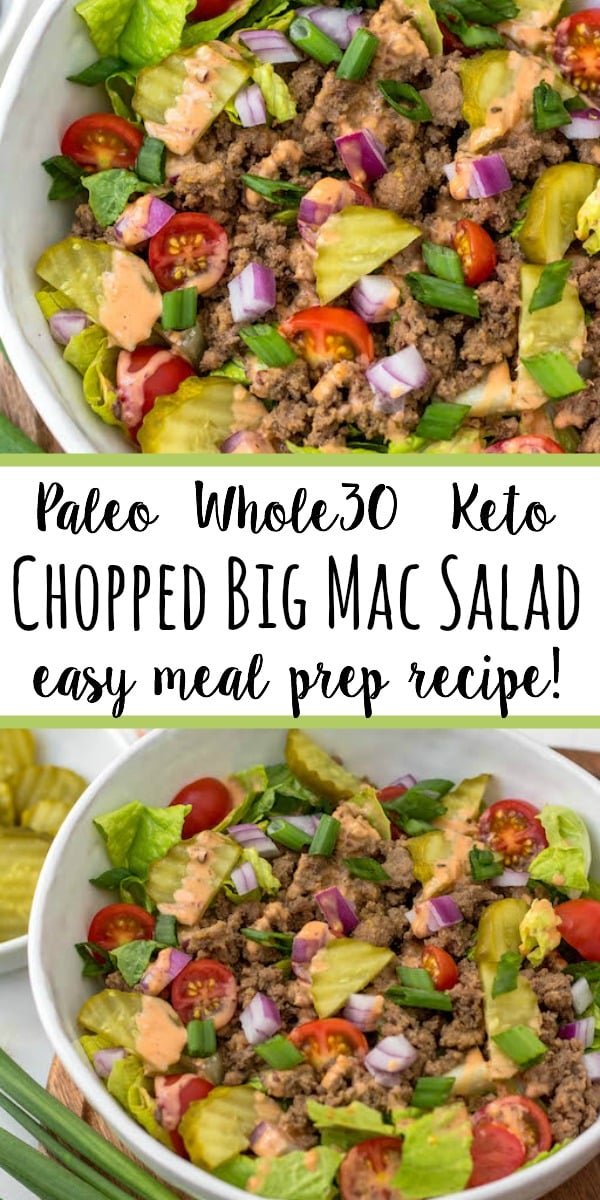 This chopped big mac salad is such an easy, delicious and quick lunch or dinner to whip up on a weekday or to prepare for meal prep. It's full of flavor but still a low carb or keto, Whole30 and Paleo salad recipe. Plus the only thing you have to really even cook is the beef! Just a little chopping and you've got your healthy salad ready to go. #whole30recipes #paleorecipes #bigmacsalad #ketorecipes