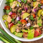 This chopped big mac salad is such an easy, delicious and quick lunch or dinner to whip up on a weekday or to prepare for meal prep. It's full of flavor but still a low carb or keto, Whole30 and Paleo salad recipe. Plus the only thing you have to really even cook is the beef! Just a little chopping and you've got your healthy salad ready to go. #whole30recipes #paleorecipes #bigmacsalad #ketorecipes