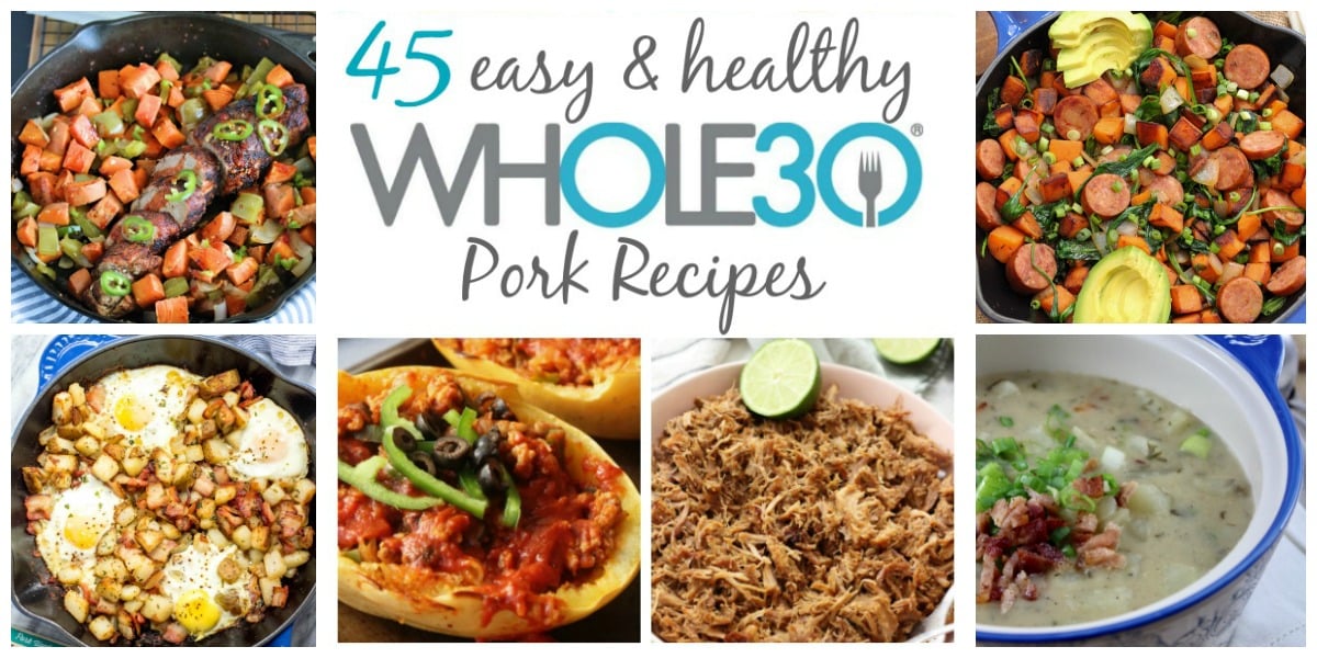 These 45 Whole30 pork recipes include ideas for breakfast, main meals for dinner or meal prep, along with soups and stews. While they're Whole30, they're also all great options for Paleo, gluten-free, dairy-free or just real food! There are a lot of recipes for bacon, pork shoulder and sausage. #whole30 #whole30pork #whole30recipes #paleo #porkrecipes