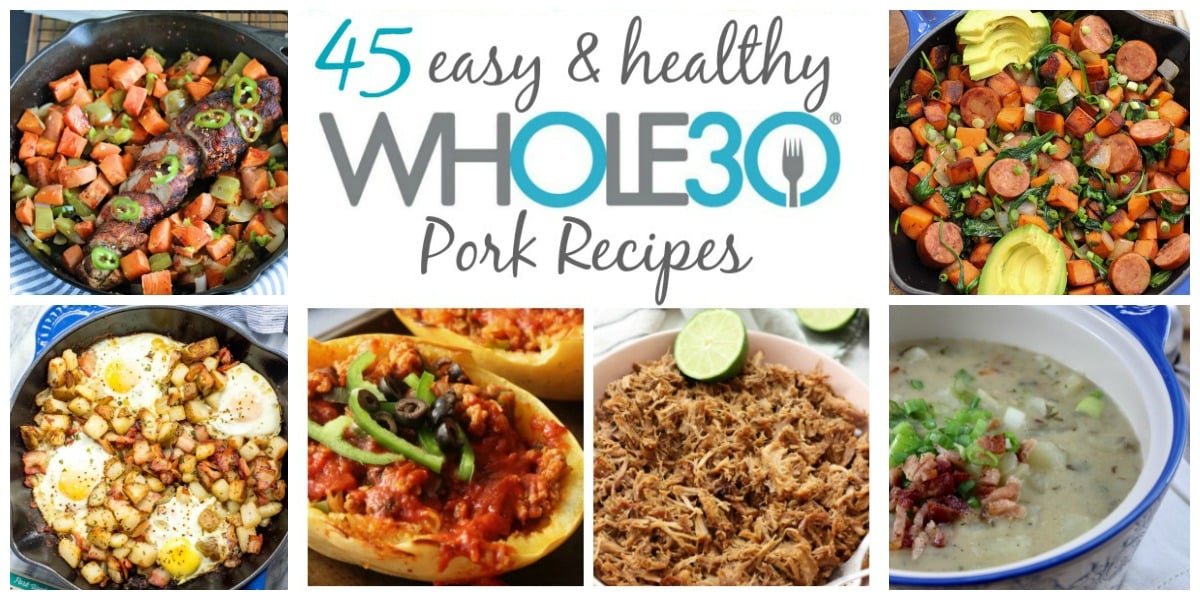 These 45 Whole30 pork recipes include ideas for breakfast, main meals for dinner or meal prep, along with soups and stews. While they're Whole30, they're also all great options for Paleo, gluten-free, dairy-free or just real food! There are a lot of recipes for bacon, pork shoulder and sausage. #whole30 #whole30pork #whole30recipes #paleo #porkrecipes These 45 Whole30 pork recipes include ideas for breakfast, main meals for dinner or meal prep, along with soups and stews. While they're Whole30, they're also all great options for Paleo, gluten-free, dairy-free or just real food! There are a lot of recipes for bacon, pork shoulder and sausage. #whole30 #whole30pork #whole30recipes #paleo #porkrecipes