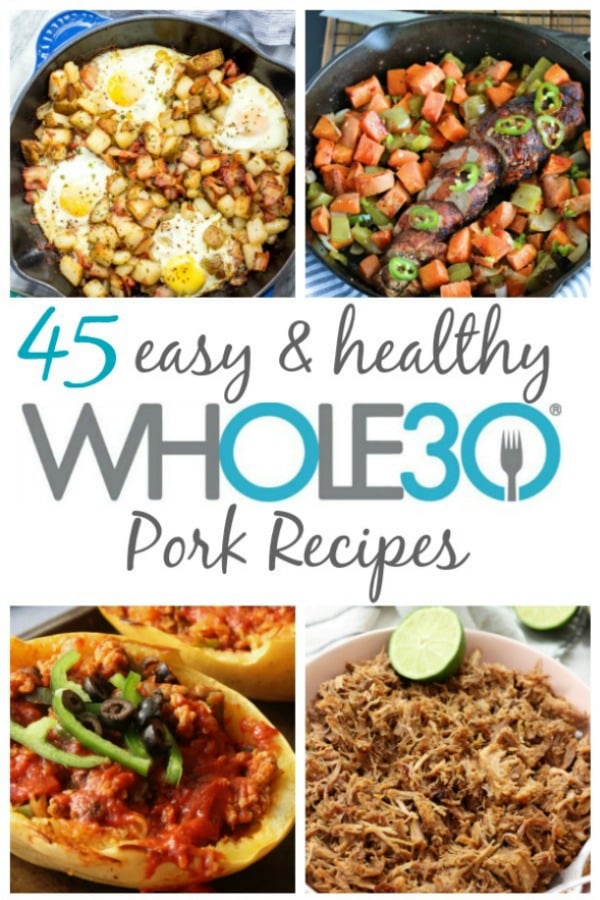 These 45 Whole30 pork recipes include ideas for breakfast, main meals for dinner or meal prep, along with soups and stews. While they're Whole30, they're also all great options for Paleo, gluten-free, dairy-free or just real food! There are a lot of recipes for bacon, pork shoulder and sausage. #whole30 #whole30pork #whole30recipes #paleo #porkrecipes