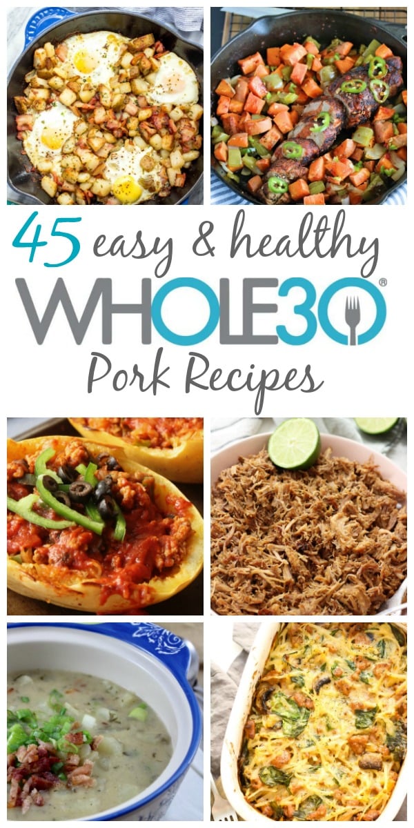 These 45 Whole30 pork recipes include ideas for breakfast, main meals for dinner or meal prep, along with soups and stews. While they're Whole30, they're also all great options for Paleo, gluten-free, dairy-free or just real food! There are a lot of recipes for bacon, pork shoulder and sausage. #whole30 #whole30pork #whole30recipes #paleo #porkrecipes