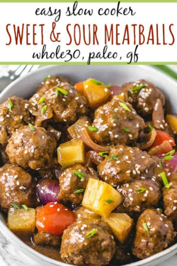 These Paleo and Whole30 sweet and sour meatballs are the perfect weeknight meal or delicious recipe to meal prep. What makes this Asian-inspired recipe even better is that it's done in the slow cooker with little hands-on time. It's a family friendly recipe that everyone is going to love! Plus it's so much healthier than any traditional take out menu item! #whole30recipes #paleorecipes #whole30beef #slowcooker #paleoslowcooker