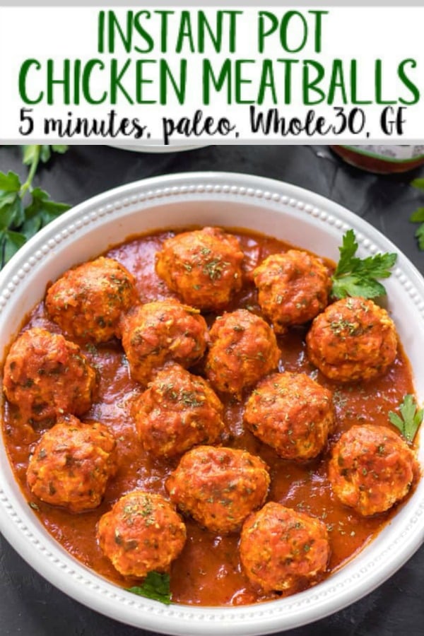 These instant pot chicken meatballs are the easy button when it comes to quick, healthy weeknight meals. With an instant pot cook time of 5 minutes, and only a few simple ingredients, they're Whole30, Paleo, and gluten-free while also being full of flavor and totally delicious. This meatball recipe makes enough for the whole family, or is perfect for meal prep! #whole30instantpot #paleoinstantpot #chickeninstantpot #whole30 #paleo #glutenfree #chickenrecipes