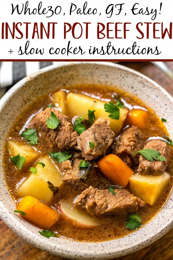 This instant pot beef stew is hearty, comforting, healthy and most importantly, quick and easy! It makes the perfect family friendly weeknight meal or meal prep recipe. The simple ingredients mean that it's Whole30, paleo, dairy and gluten-free. You really can't go wrong with a classic beef stew. #whole30instantpot #whole30recipes #instantpotbeefstew #paleo #paleobeefstew #paleoinstantpot