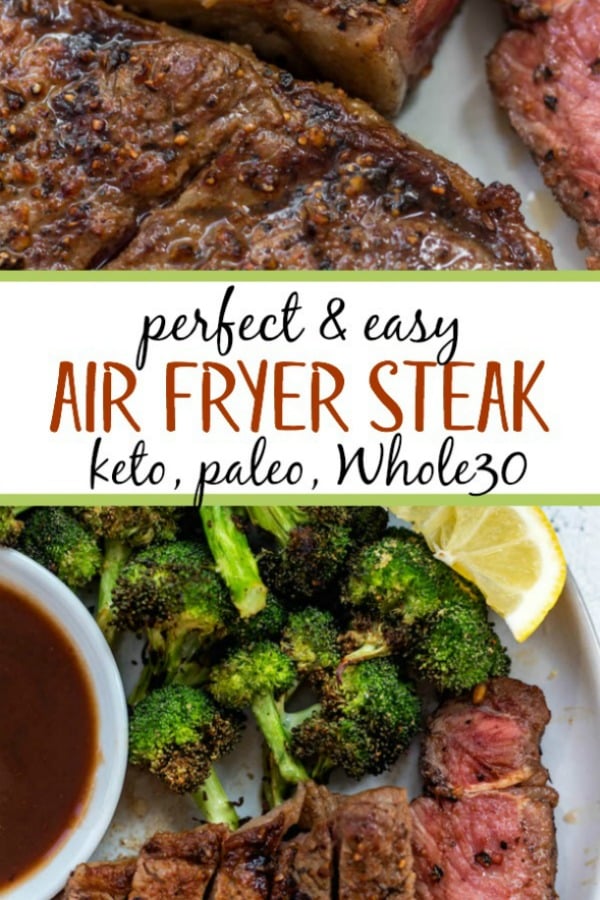 Air Fryer Steak is a foolproof method that comes out perfectly every time. Air fryer steak is a quick weeknight meal for anyone, but especially simplifies things for those eating paleo, Whole30, keto or those simply sticking to eating more real foods. #paleo #whole30 #airfryer #whole30airfryer #paleoairfryer #keto #ketoairfryer #airfryerbeef