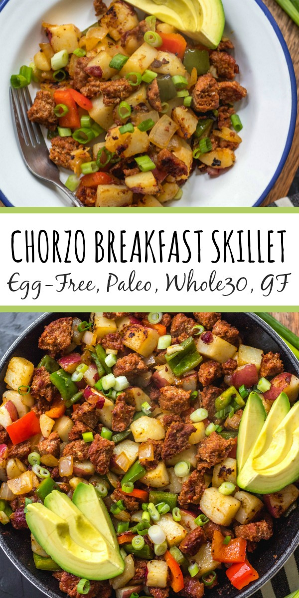 This easy chorizo and vegetable breakfast skillet is a quick egg-free breakfast that's perfect for a Whole30, Paleo or gluten-free meal prep recipe. It's full of hearty veggies and lots of flavor from the herbs and spices in the chorizo, and cooking it in one pan makes clean up simple. It reheats so well, so it's great for breakfast throughout the week! #whole30breakfast #eggfreebreakfast #whole30eggfree #chorizo #breakfastskillet #paleo #glutenfree #onepan #whole30recipes