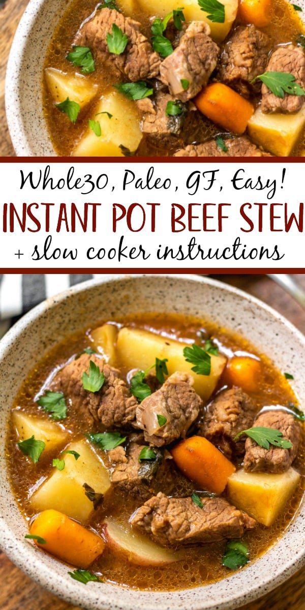 This instant pot beef stew is hearty, comforting, healthy and most importantly, quick and easy! It makes the perfect family friendly weeknight meal or meal prep recipe. The simple ingredients mean that it's Whole30, paleo, dairy and gluten-free. You really can't go wrong with a classic beef stew. #whole30instantpot #whole30recipes #instantpotbeefstew #paleo #paleobeefstew #paleoinstantpot