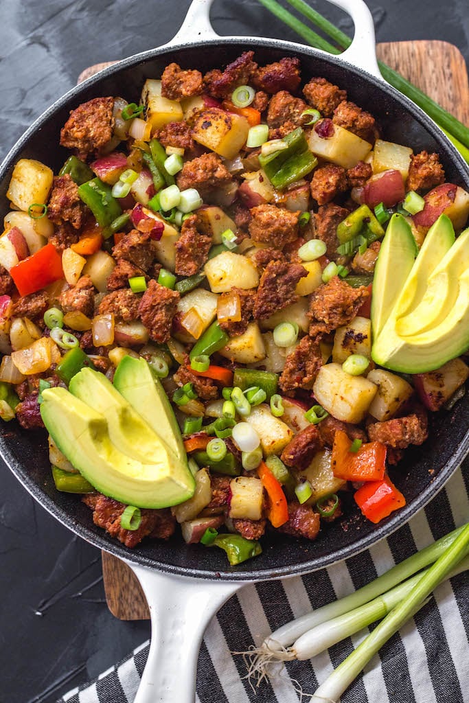 This easy chorizo and vegetable breakfast skillet is a quick egg-free breakfast that's perfect for a Whole30, Paleo or gluten-free meal prep recipe. It's full of hearty veggies and lots of flavor from the herbs and spices in the chorizo, and cooking it in one pan makes clean up simple. It reheats so well, so it's great for breakfast throughout the week! #whole30breakfast #eggfreebreakfast #whole30eggfree #chorizo #breakfastskillet #paleo #glutenfree #onepan #whole30recipes