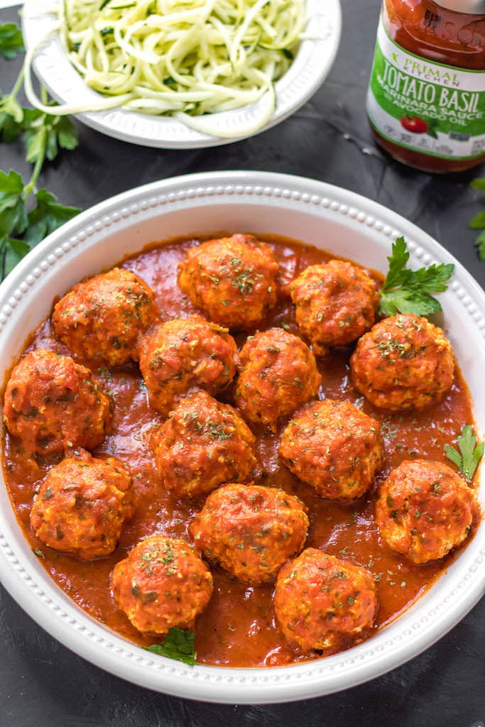These instant pot chicken meatballs are the easy button when it comes to quick, healthy weeknight meals. With an instant pot cook time of 5 minutes, and only a few simple ingredients, they're Whole30, Paleo, and gluten-free while also being full of flavor and totally delicious. This meatball recipe makes enough for the whole family, or is perfect for meal prep! #whole30instantpot #paleoinstantpot #chickeninstantpot #whole30 #paleo #glutenfree #chickenrecipes