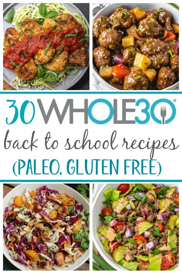 These Paleo and Whole30 back to school recipes are easy, healthy, 30 minute meals that are either simple to make on a busy weeknight, or easily packable for work lunches or school lunches. There's a large variety separated into categories such as chicken, beef, vegetarian, pork and seafood. There's sure to be something new to make your back to school routine more exciting. #whole30recipes #paleorecipes #whole30 #paleo #glutenfree #backtoschool #familyfriendly