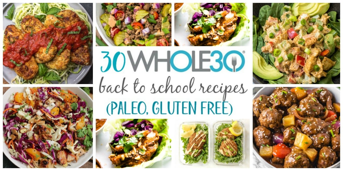 These Paleo and Whole30 back to school recipes are easy, healthy, 30 minute meals that are either simple to make on a busy weeknight, or easily packable for work lunches or school lunches. There's a large variety separated into categories such as chicken, beef, vegetarian, pork and seafood. There's sure to be something new to make your back to school routine more exciting. #whole30recipes #paleorecipes #whole30 #paleo #glutenfree #backtoschool #familyfriendly