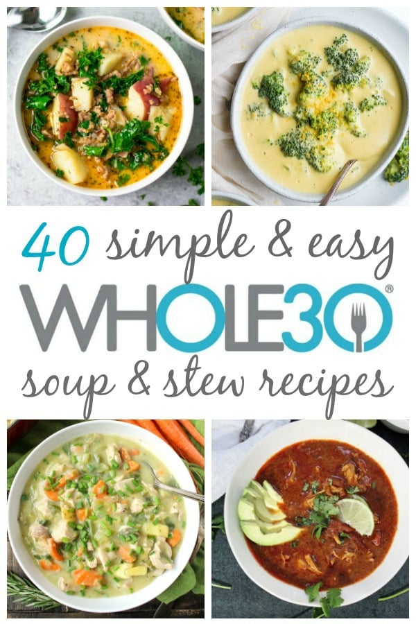 These 40 Whole30 soup, stew and chili recipes are hearty, delicious and perfect for a weeknight meal or meal prepping. They are all also paleo, dairy-free and gluten-free, and sure to be new family favorites. From chicken soups, beef soups, pork, turkey, seafood and vegetarian soups, this post brings you all of the best Whole30 soup recipes! #whole30soup #paleosoup #whole30recipes #whole30souprecipes #dairyfreesoups #whole30stew