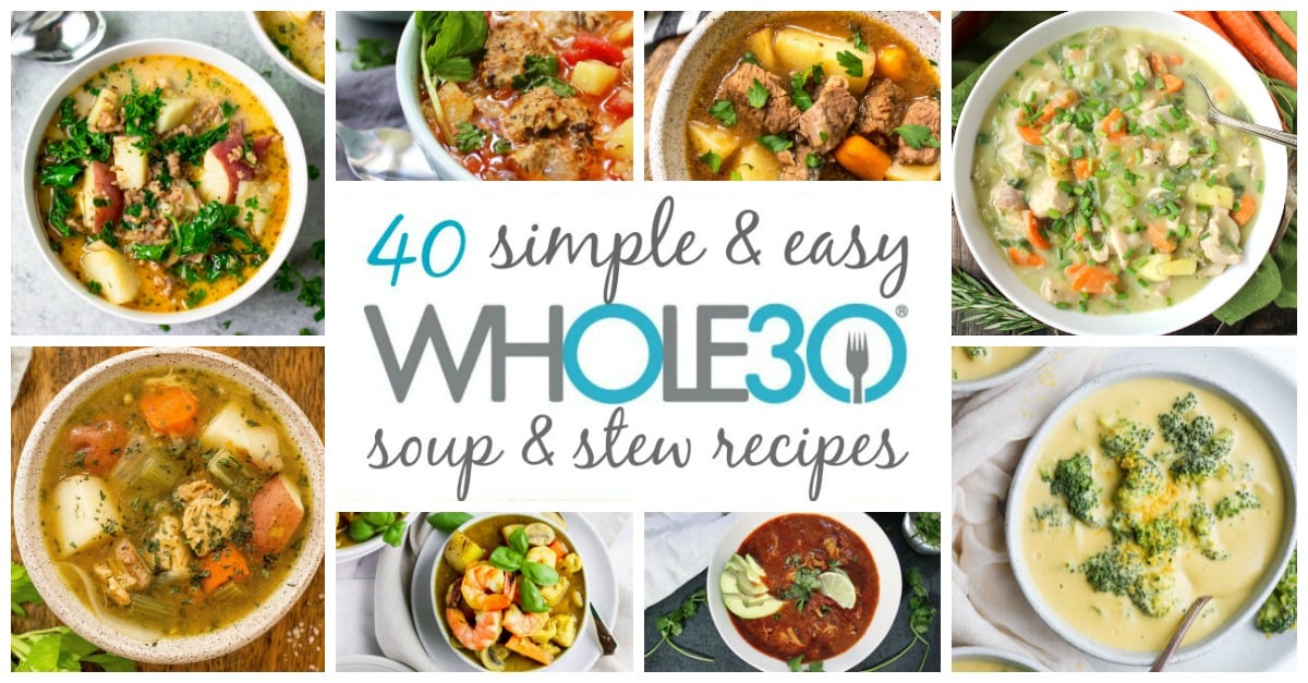 These 40 Whole30 soup, stew and chili recipes are hearty, delicious and perfect for a weeknight meal or meal prepping. They are all also paleo, dairy-free and gluten-free, and sure to be new family favorites. From chicken soups, beef soups, pork, turkey, seafood and vegetarian soups, this post brings you all of the best Whole30 soup recipes! #whole30soup #paleosoup #whole30recipes #whole30souprecipes #dairyfreesoups #whole30stew