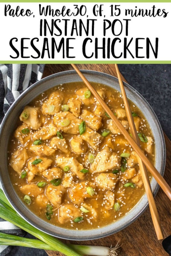 This Whole30 instant pot sesame chicken recipe is the easy button when it comes to making a healthy weeknight dinner. It's paleo, gluten free, dairy free, and only has a 15 minute cook time. This quick take out fake out sesame chicken will be a family favorite, or a perfect meal prep recipe! #whole30instantpot #paleoinstantpot #whole30sesamechicken #paleosesamechicken #instantpotsesamechicken