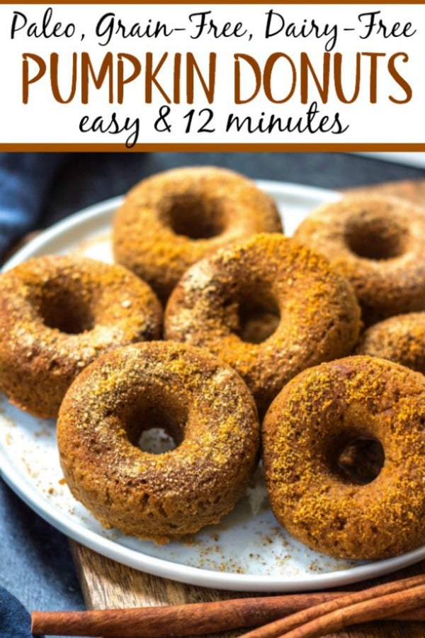 This easy homemade paleo pumpkin donut recipe makes 12 perfect, gluten free and grain free pumpkin spiced donuts. They're the best paleo fall treat that only take a few simple pantry ingredients and a few minutes in the oven. Using real pumpkin, and no refined sugar, these are a much healthier alternative to store-bought pumpkin donuts, and one that the whole family will love! #paleopumpkindonuts #paleodonuts #paleopumpkinrecipes #grainfreedonuts #glutenfreepumpkinrecipes