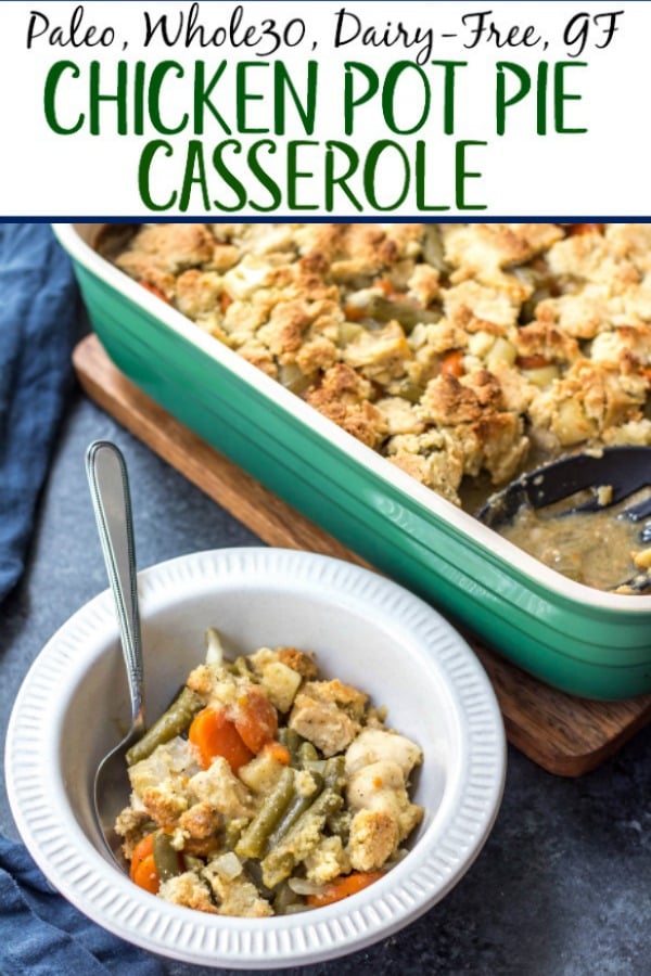 This Whole30 chicken pot pie casserole is the the perfect Whole30 casserole recipe when you're wanting something hearty and comforting. It's a paleo and dairy free twist on the classic pot pie flavors you know and love with a grain free crust, and is awesome for a weeknight meal or for a paleo meal prep recipe because it reheats so well. This is a great family friendly recipe that is sure to become a staple! #whole30casserole #paleocasserole #whole30chickenpotpie #whole30chickenrecipes #paleochickenrecipes