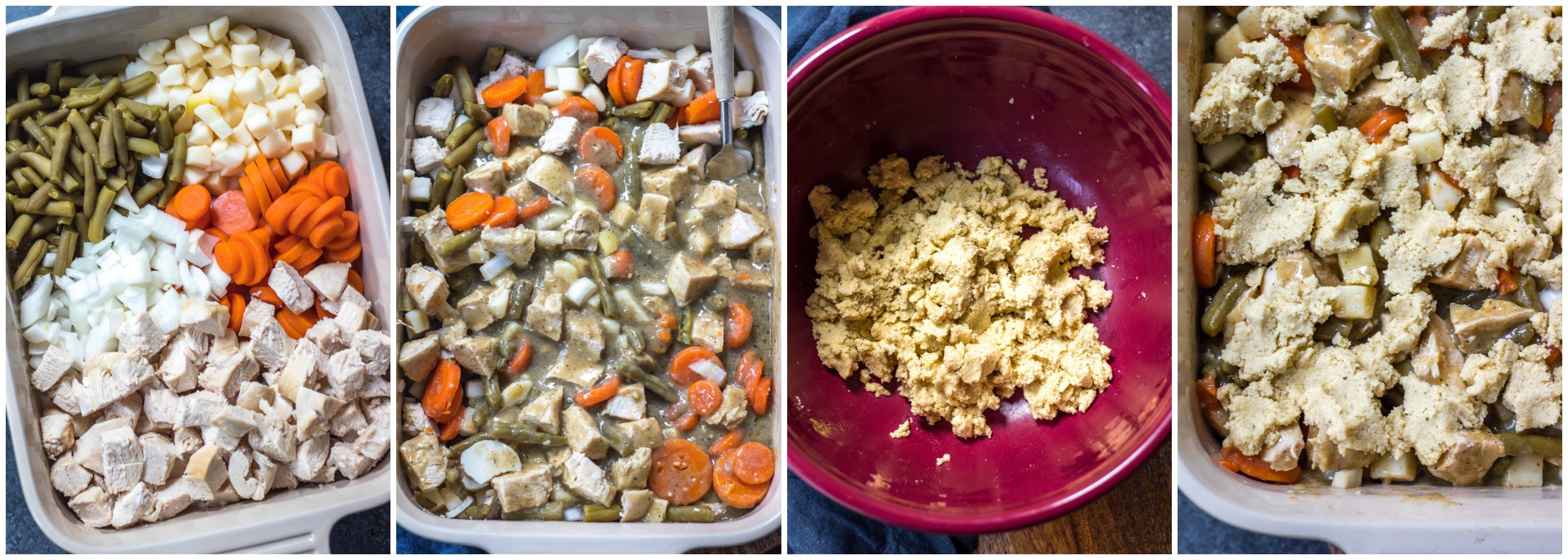 cooking process photographs that show how to make Whole30 chicken pot pie casserole step by step
