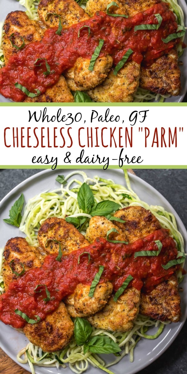 This cheeseless Whole30 chicken parm is an easy weeknight meal that's both healthy and delicious. It's paleo, dairy-free and gluten-free, and is sure to be a family favorite! If you're bored with baked chicken, this simple Whole30 chicken recipe is a great way to change up your week or your meal prep. #whole30chicken #whole30chickenparm #dairyfree #paleochicken #glutenfree #whole30chickenrecipes #glutenfreechicken