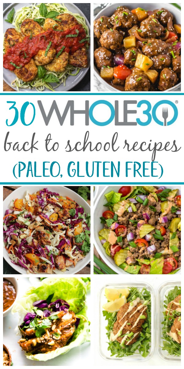 These Paleo and Whole30 back to school recipes are easy, healthy, 30 minute meals that are either simple to make on a busy weeknight, or easily packable for work lunches or school lunches. There's a large variety separated into categories such as chicken, beef, vegetarian, pork and seafood. There's sure to be something new to make your back to school routine more exciting. #whole30recipes #paleorecipes #whole30 #paleo #glutenfree #backtoschool #familyfriendly