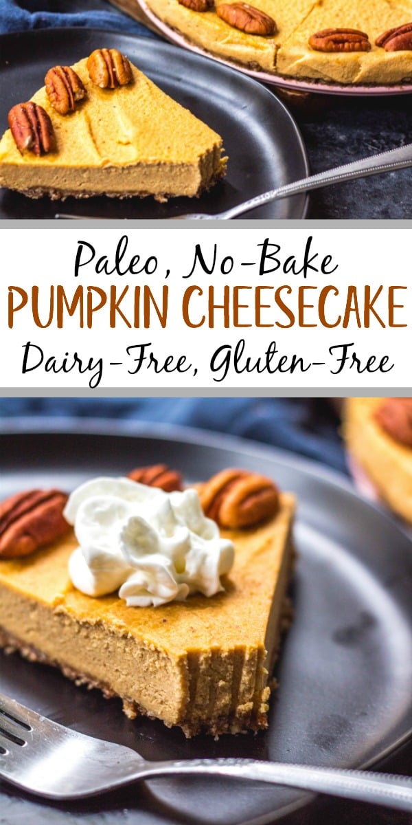 This paleo pumpkin cheesecake is the perfect dairy free and gluten free fall dessert. It's a no bake treat that everyone will love and that only takes a few minutes to prepare in a blender, or food processor. With a delicious pecan crust and creamy pumpkin filling, whether you serve this at a holiday or a cool fall weekend, it's sure to be a hit! It can also easily be made vegan! #paleodessert #paleocheesecake #dairyfreecheesecake #pumpkincheesecake #paleopumpkin