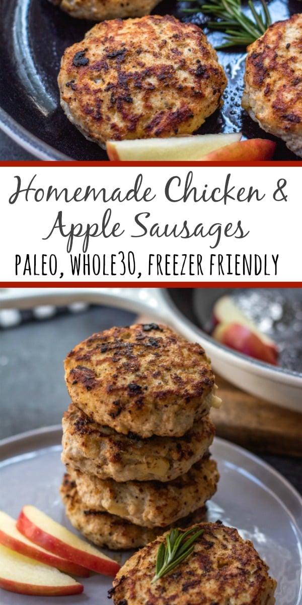 These Whole30 homemade chicken apple sausages are paleo, gluten-free, dairy-free and freezer friendly. With just a few simple ingredients you can make your own chicken and apple breakfast sausages at home and make meal prep easy! These take under 20 minutes to prepare and they are a perfect family friendly Whole30 recipe that everyone will enjoy. #whole30breakfast #paleobreakfast #whole30sausage #whole30chickensausage #homemadesausage #whole30breakfast These Whole30 homemade chicken apple sausages are paleo, gluten-free, dairy-free and freezer friendly. With just a few simple ingredients you can make your own chicken and apple breakfast sausages at home and make meal prep easy! These take under 20 minutes to prepare and they are a perfect family friendly Whole30 recipe that everyone will enjoy. #whole30breakfast #paleobreakfast #whole30sausage #whole30chickensausage #homemadesausage #whole30breakfast
