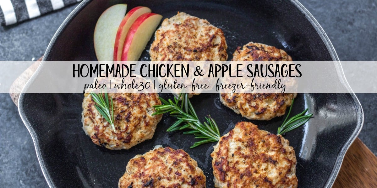 These Whole30 homemade chicken apple sausages are paleo, gluten-free, dairy-free and freezer friendly. With just a few simple ingredients you can make your own chicken and apple breakfast sausages at home and make meal prep easy! These take under 20 minutes to prepare and they are a perfect family friendly Whole30 recipe that everyone will enjoy. #whole30breakfast #paleobreakfast #whole30sausage #whole30chickensausage #homemadesausage #whole30breakfast