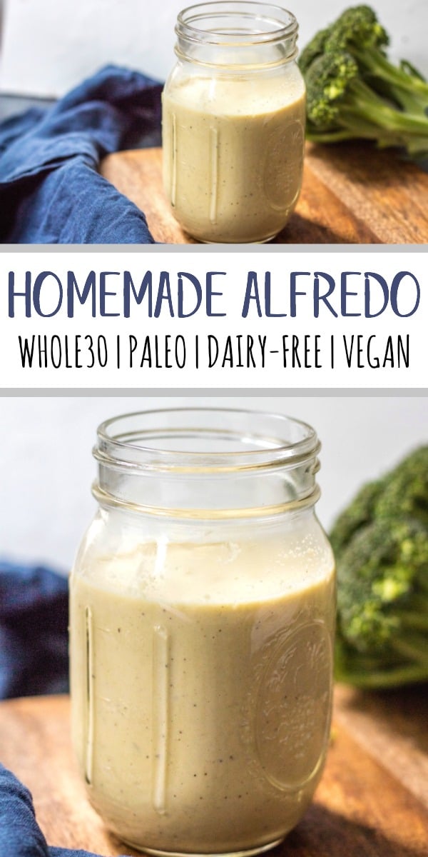 This homemade Whole30 Alfredo sauce is so thick and creamy, with a garlic and cheese-life flavor, except it's completely Paleo, vegan and dairy-free. It's cashew based, and only takes a few simple ingredients and a few minutes to whip up. This paleo alfredo sauce goes great over chicken, veggies, in casseroles and more! #whole30alfredo #dairyfreealfredo #whole30sauces #paleoalfredo #veganalfredo #whole30recipes