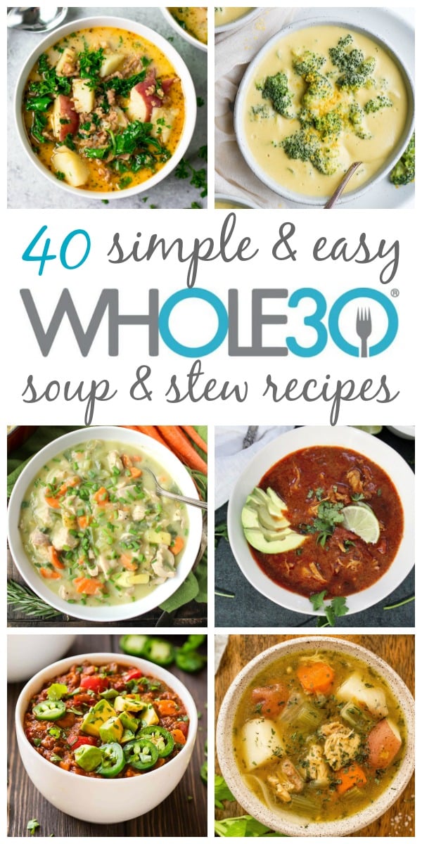 These 40 Whole30 soup, stew and chili recipes are hearty, delicious and perfect for a weeknight meal or meal prepping. They are all also paleo, dairy-free and gluten-free, and sure to be new family favorites. From chicken soups, beef soups, pork, turkey, seafood and vegetarian soups, this post brings you all of the best Whole30 soup recipes! #whole30soup #paleosoup #whole30recipes #whole30souprecipes #dairyfreesoups #whole30stew