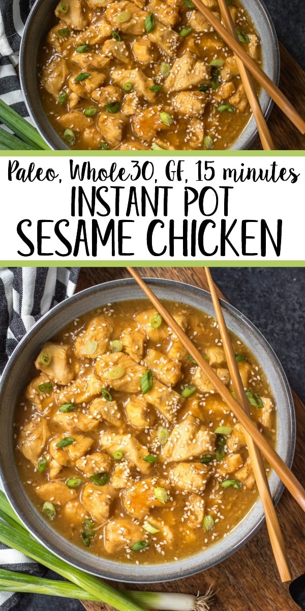 This Whole30 instant pot sesame chicken recipe is the easy button when it comes to making a healthy weeknight dinner. It's paleo, gluten free, dairy free, and only has a 15 minute cook time. This quick take out fake out sesame chicken will be a family favorite, or a perfect meal prep recipe! #whole30instantpot #paleoinstantpot #whole30sesamechicken #paleosesamechicken #instantpotsesamechicken