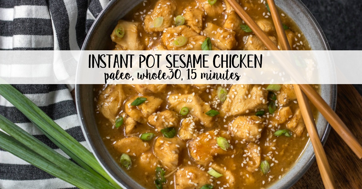 This Whole30 instant pot sesame chicken recipe is the easy button when it comes to making a healthy weeknight dinner. It's paleo, gluten free, dairy free, and only has a 15 minute cook time. This quick take out fake out sesame chicken will be a family favorite, or a perfect meal prep recipe! #whole30instantpot #paleoinstantpot #whole30sesamechicken #paleosesamechicken #instantpotsesamechicken