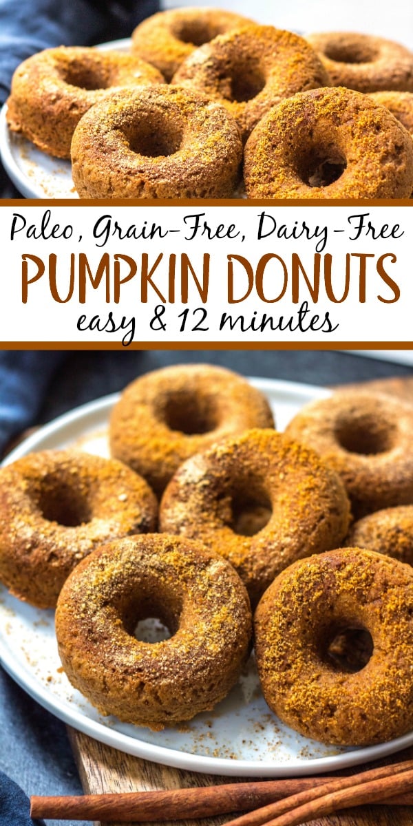 This easy homemade paleo pumpkin donut recipe makes 12 perfect, gluten free and grain free pumpkin spiced donuts. They're the best paleo fall treat that only take a few simple pantry ingredients and a few minutes in the oven. Using real pumpkin, and no refined sugar, these are a much healthier alternative to store-bought pumpkin donuts, and one that the whole family will love! #paleopumpkindonuts #paleodonuts #paleopumpkinrecipes #grainfreedonuts #glutenfreepumpkinrecipes
